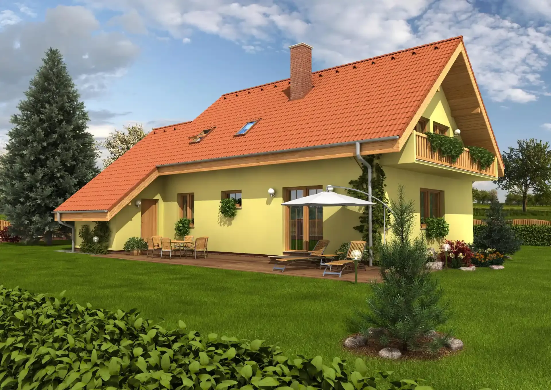 Patrový rodinný dům Apollon se žlutou fasádou a balkonem