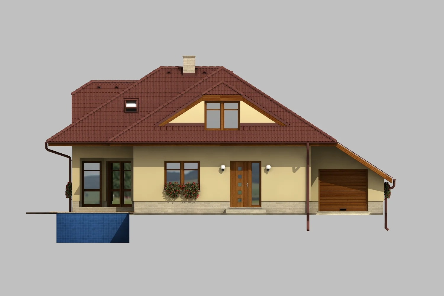 Rodinný dům ARGUS – technický pohled na vstupní stranu s garáží a vikýřem