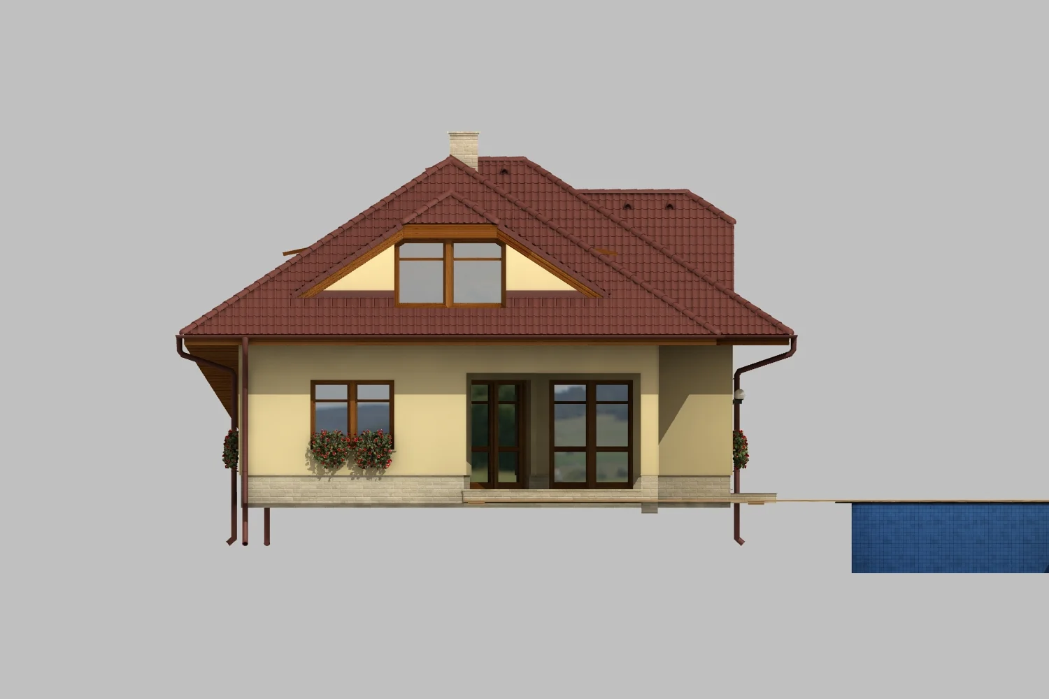 Rodinný dům ARGUS – pohled na zahradní štít s prosklenými dveřmi na terasu