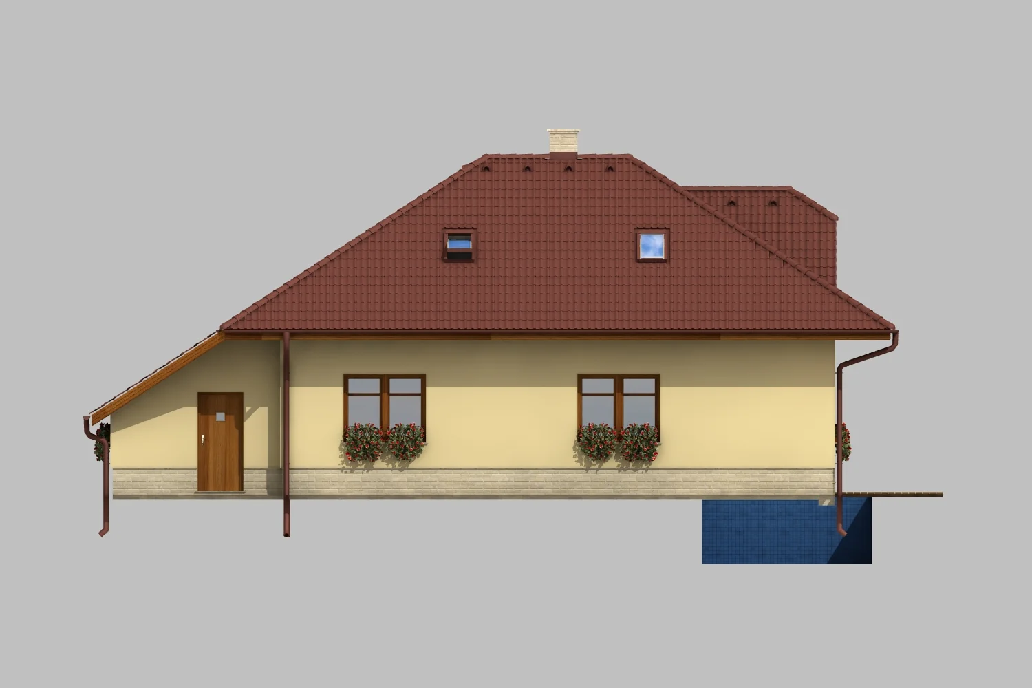 Rodinný dům ARGUS – boční pohled s bočním vstupem a střešními okny