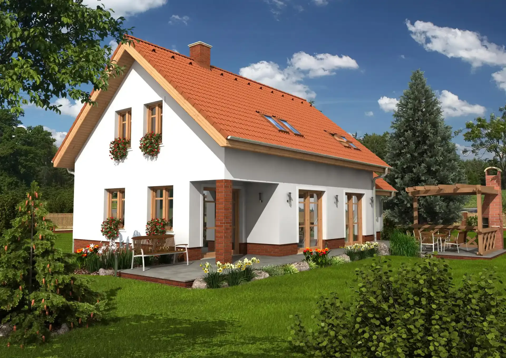Rodinný dům Atlas s cihlovými sloupy verandy a bazénem