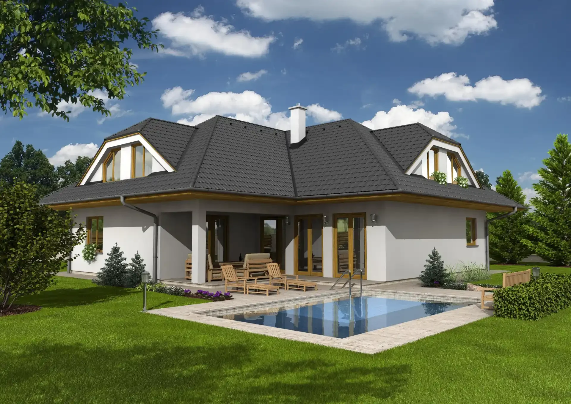 Rodinný dům Fortuna 1 s podkrovním balkonem a bazénem