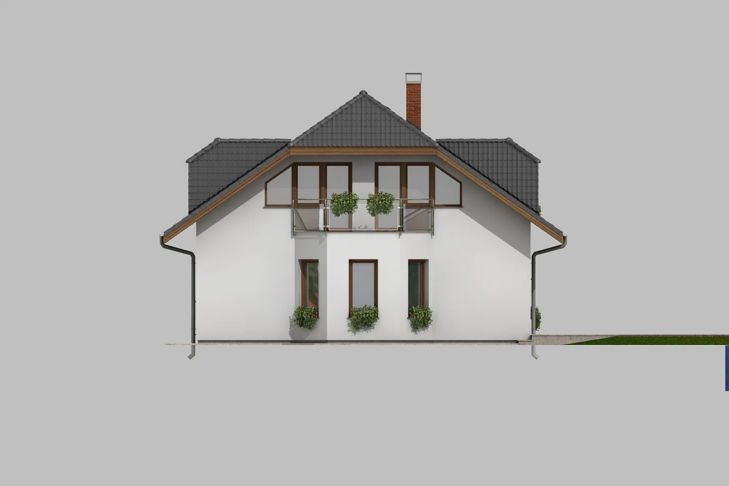 Boční pohled na dům HERA s balkonem a prosklenou štítovou stěnou
