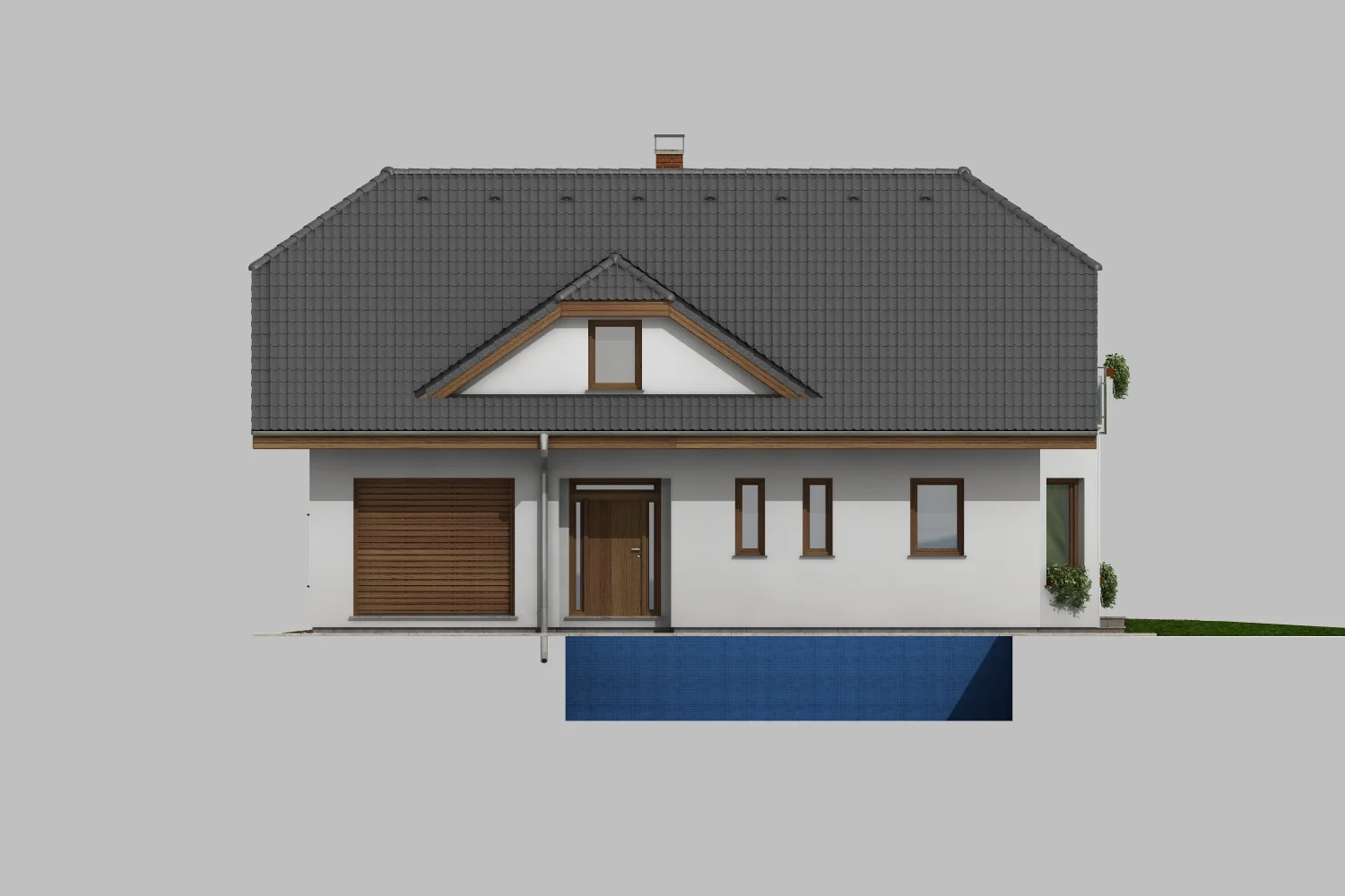 Vstupní pohled na dům HERA s garážovými vraty a vstupními dveřmi