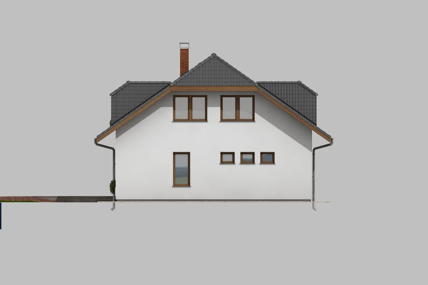 Protilehlý boční pohled na dům HERA s bílou fasádou a malými okny