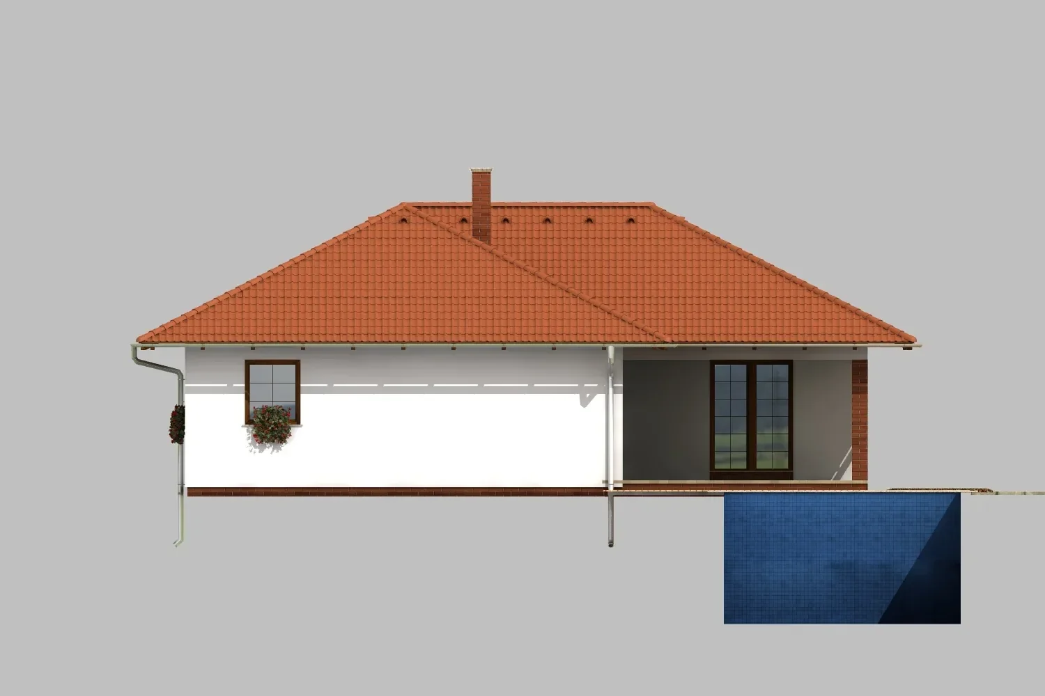 Boční pohled na dům IRIDA s krytou terasou a bazénem
