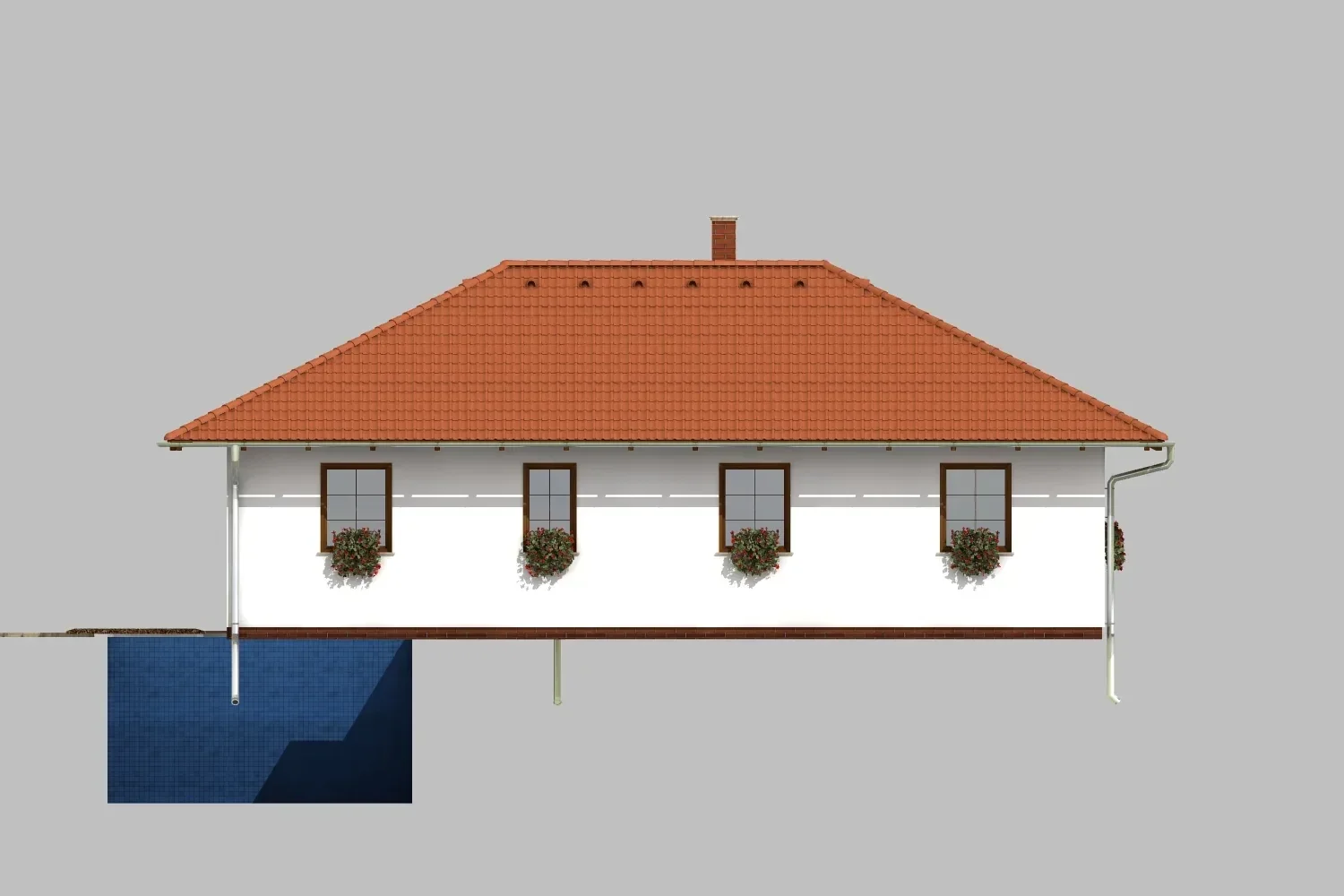 Pohled na dům IRIDA se čtyřmi okny s truhlíky květin a bazénem u zdi