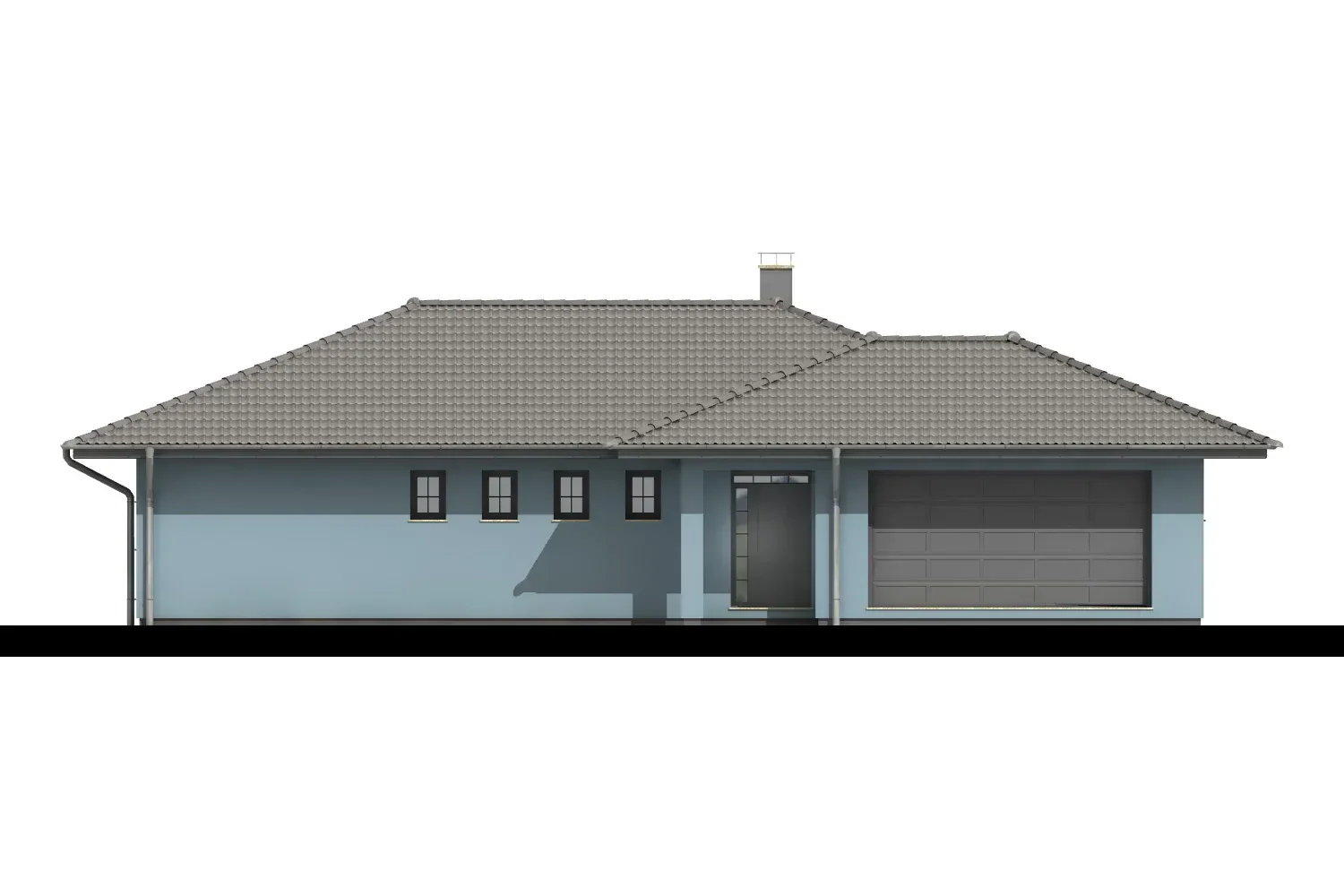 Vizualizace vstupního pohledu bungalovu IRIS 2 s garážovými vraty