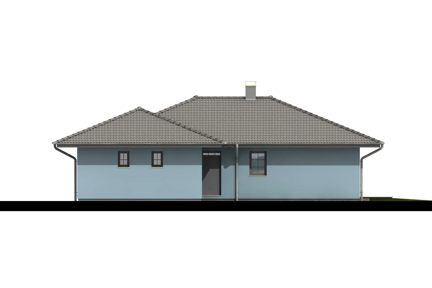 Boční pohled na bungalov IRIS 2 s modrošedou fasádou a valbovou střechou