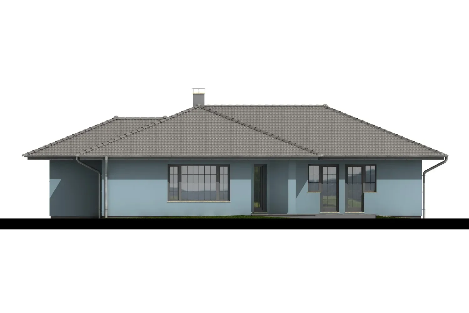 Zahradní pohled na bungalov IRIS 2 s velkými okny a dveřmi na terasu