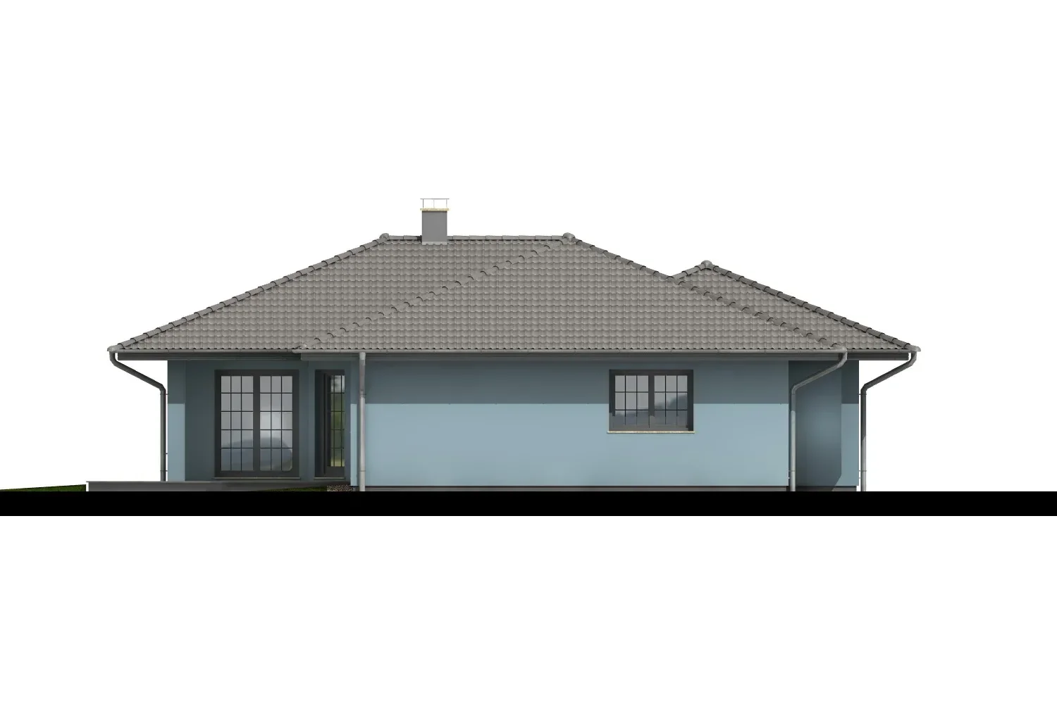 Boční pohled na bungalov IRIS 2 s prosklenými dveřmi na terasu