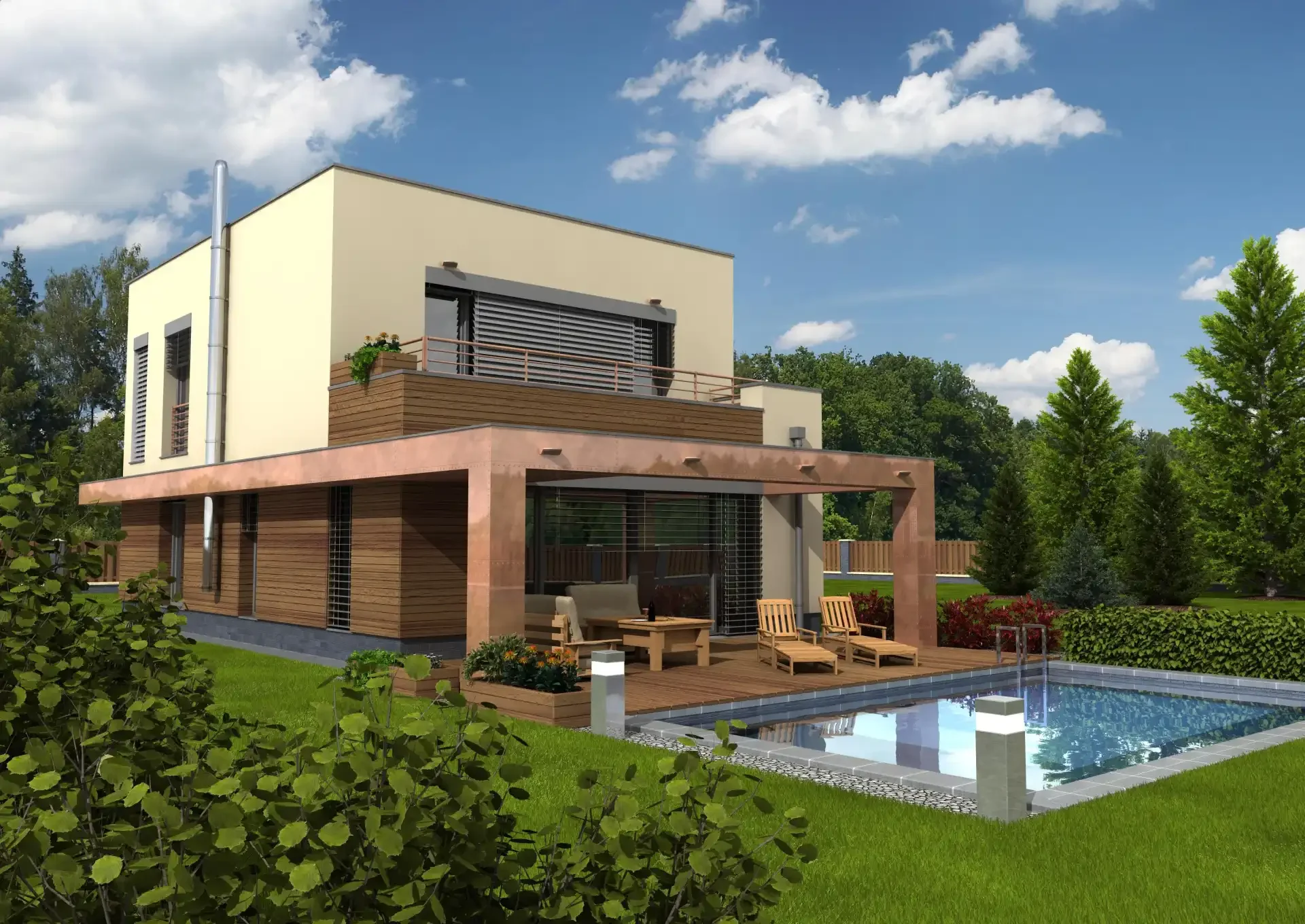 Pasivní rodinný dům Maple 20 se solárními panely na střeše a bazénem