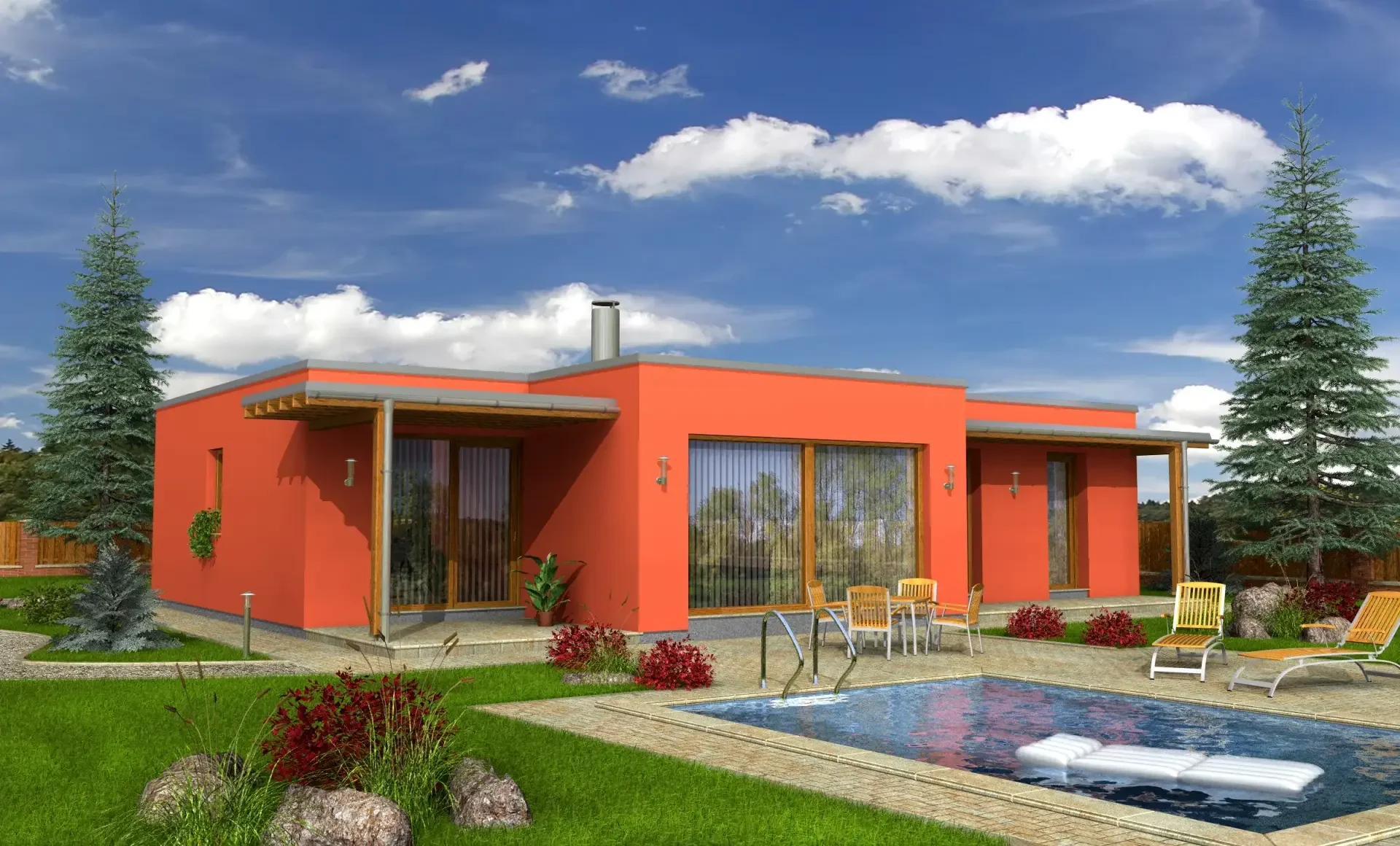 Vizualizace bungalovu MINERVA 1 s plochou střechou, terasou a bazénem