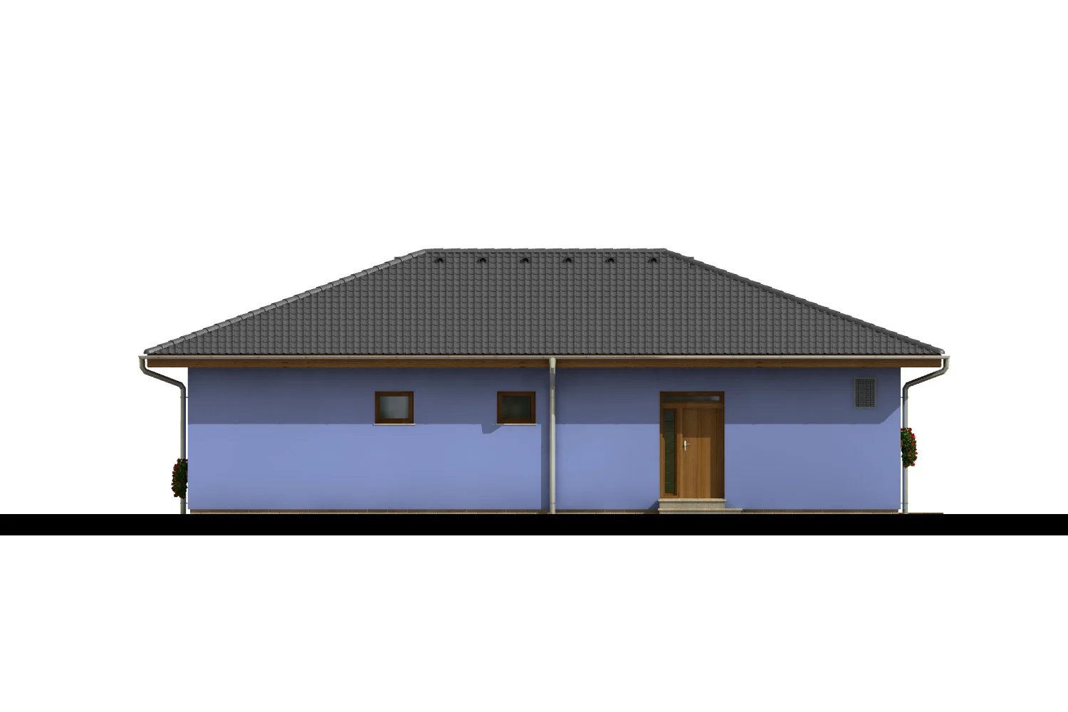 Vstupní strana bungalovu MINERVA se vchodovými dveřmi a malými okny