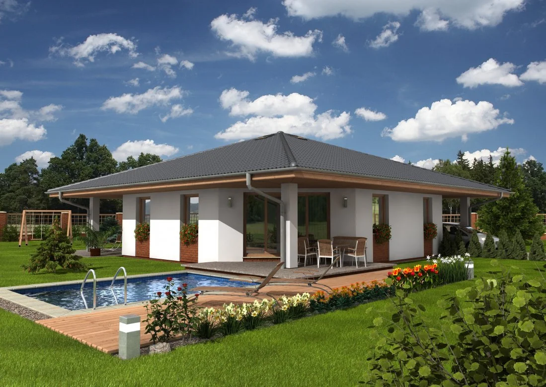 Vizualizace bungalovu MONO s valbovou střechou, terasou a bazénem