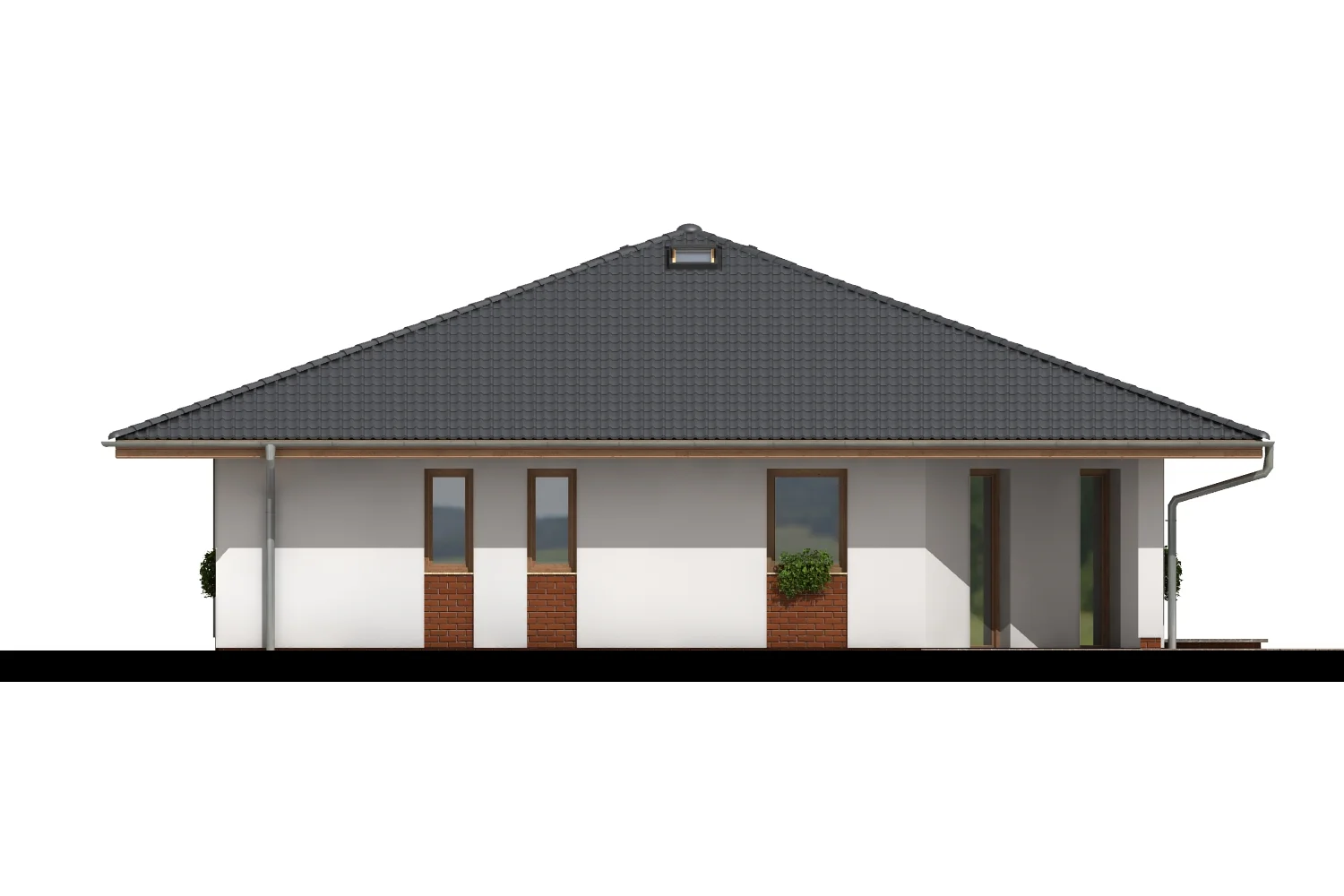 Boční pohled na bungalov MONO s řadou oken a cihlovými parapety