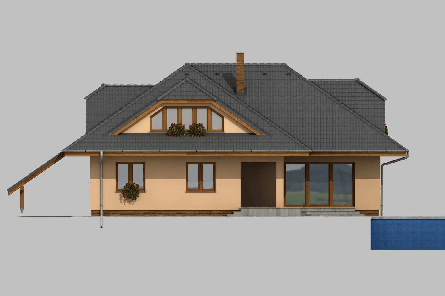 Rodinný dům NIKÉ – zahradní pohled na bungalov s valbovou střechou a vikýřem