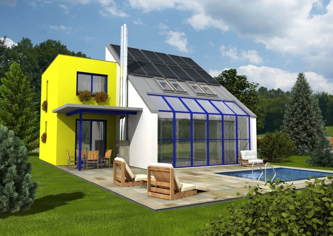 Vizualizace domu SOLAR se žlutou fasádou, prosklenou zimní zahradou a bazénem