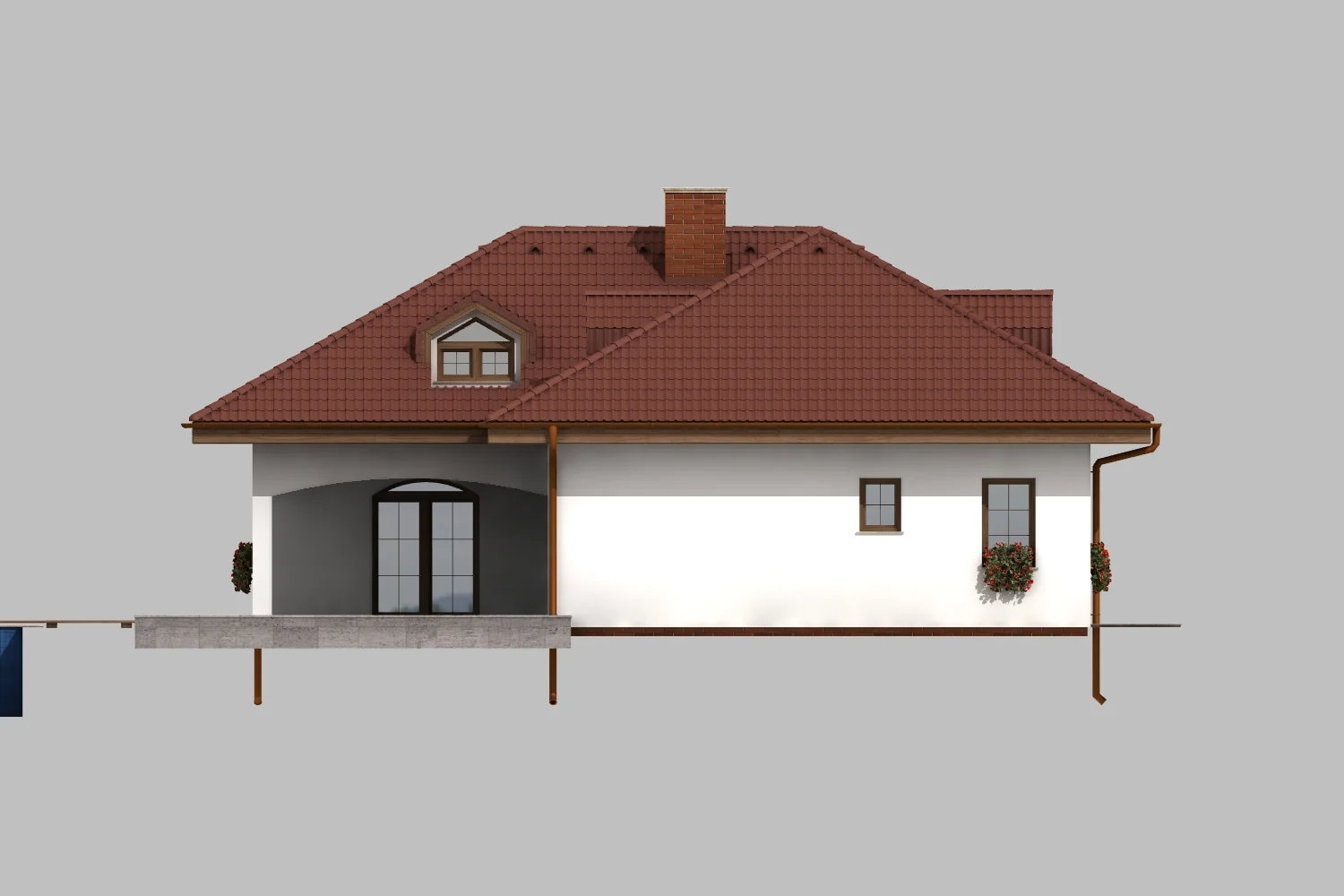 Boční pohled na dům AFRODITE 1 s krytým vstupem pod obloukem a jedním vikýřem
