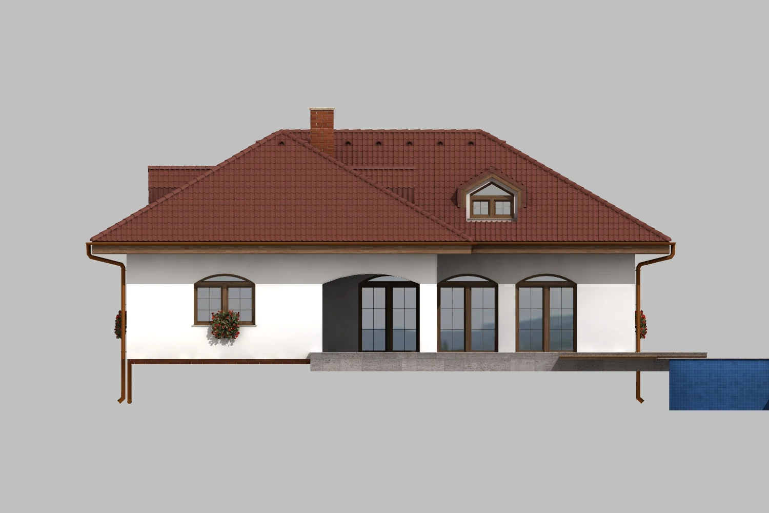 Zahradní pohled na dům AFRODITE 1 s klenutými okny, terasou a bazénem