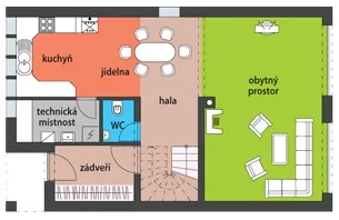 Půdorys prvního podlaží domu ESET s kuchyní, jídelnou a obytným prostorem