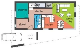 Půdorys prvního podlaží domu SHERRY s pracovnou, kuchyní, obývacím pokojem a krytým vstupem