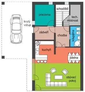 Půdorys prvního podlaží domu ALDER s obývacím pokojem, kuchyní a krytým vstupem