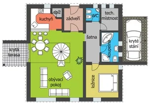 Půdorys prvního podlaží domu URAN s ložnicí, krytou terasou a krytým stáním