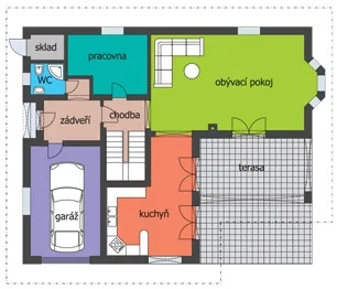 Půdorys 1. NP domu ATHENA s garáží, obývacím pokojem, kuchyní a terasou