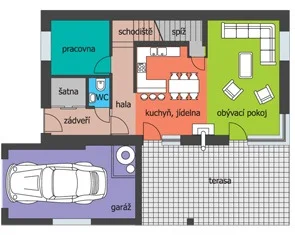 Půdorys prvního podlaží s obývacím pokojem, kuchyní, pracovnou, garáží a terasou