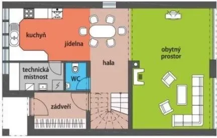 Půdorys prvního podlaží domu OSIRIS s kuchyní, jídelnou a obytným prostorem
