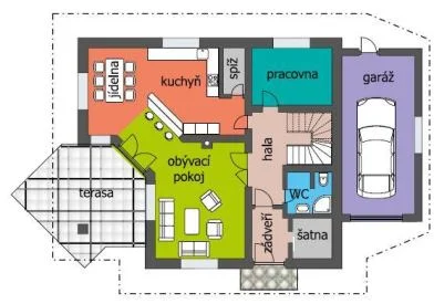 Půdorys 1. NP domu ARGUS s obývacím pokojem, pracovnou, garáží a terasou