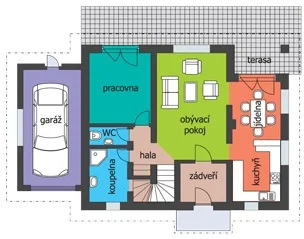 Půdorys 1. NP domu ATLAS s garáží, pracovnou, obývacím pokojem a terasou