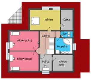 Půdorys podkroví domu FORTUNA 1 s ložnicí, galerií a dvěma dětskými pokoji