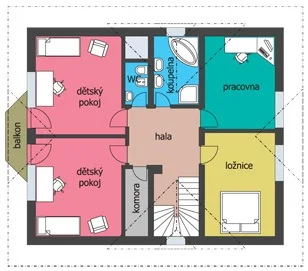 Půdorys podkroví domu HERA se dvěma dětskými pokoji, pracovnou a balkonem