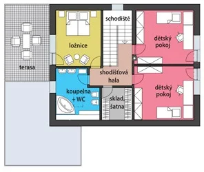 Půdorys podkroví domu KIRKE s ložnicí, dvěma dětskými pokoji, koupelnou a terasou
