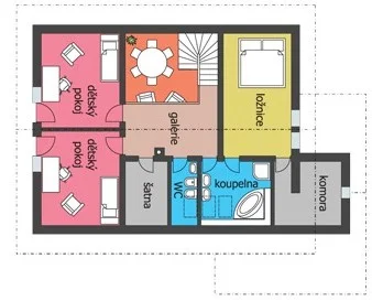 Půdorys podkroví domu REA s galerií, ložnicí, šatnou a dvěma dětskými pokoji