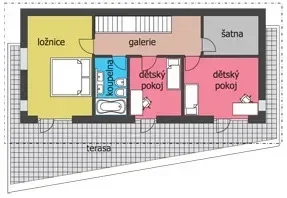 Půdorys podkroví domu SHERRY s ložnicí, galerií, šatnou a dvěma dětskými pokoji