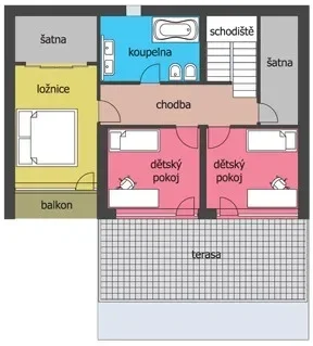 Půdorys horního podlaží domu ALDER s ložnicí, dvěma dětskými pokoji a koupelnou