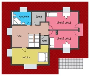 Půdorys podkroví domu ATHENA s ložnicí, dvěma dětskými pokoji a koupelnou