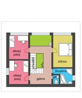 Půdorys 2. NP domu HEBÉ se dvěma dětskými pokoji, ložnicí a galerií