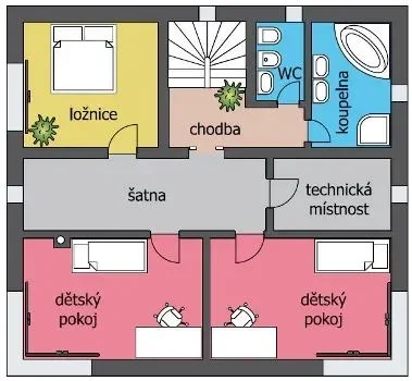Půdorys 2. NP domu BLUES s ložnicí, dvěma dětskými pokoji a šatnou