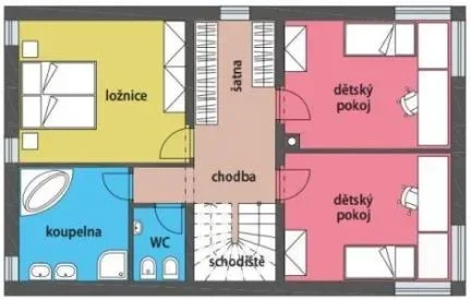 Půdorys podkroví domu OSIRIS s ložnicí, šatnou a dvěma dětskými pokoji