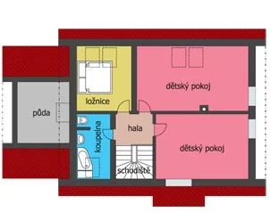 Půdorys podkroví domu ATLAS s ložnicí, dvěma dětskými pokoji a půdou