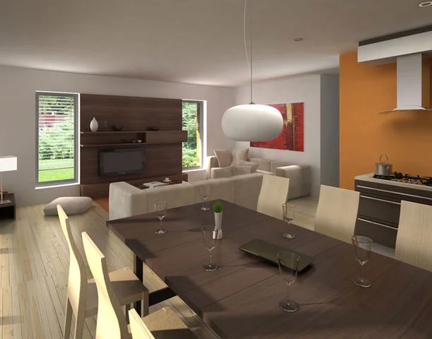 Vizualizace interiéru MAPLE 20 s jídelním stolem a oranžovou stěnou u kuchyně