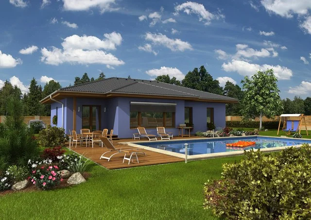 Vizualizace bungalovu s valbovou střechou, fialovou fasádou a bazénem