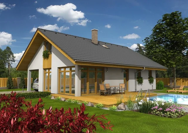 Vizualizace bungalovu s tmavou sedlovou střechou, dřevěnou terasou a bazénem